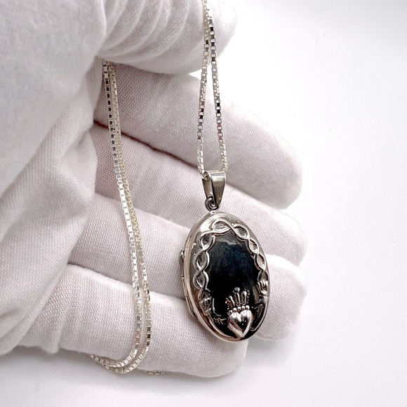 .925 Sterling Silver Claddagh Design Locket Necklace - Picture 4 of 17